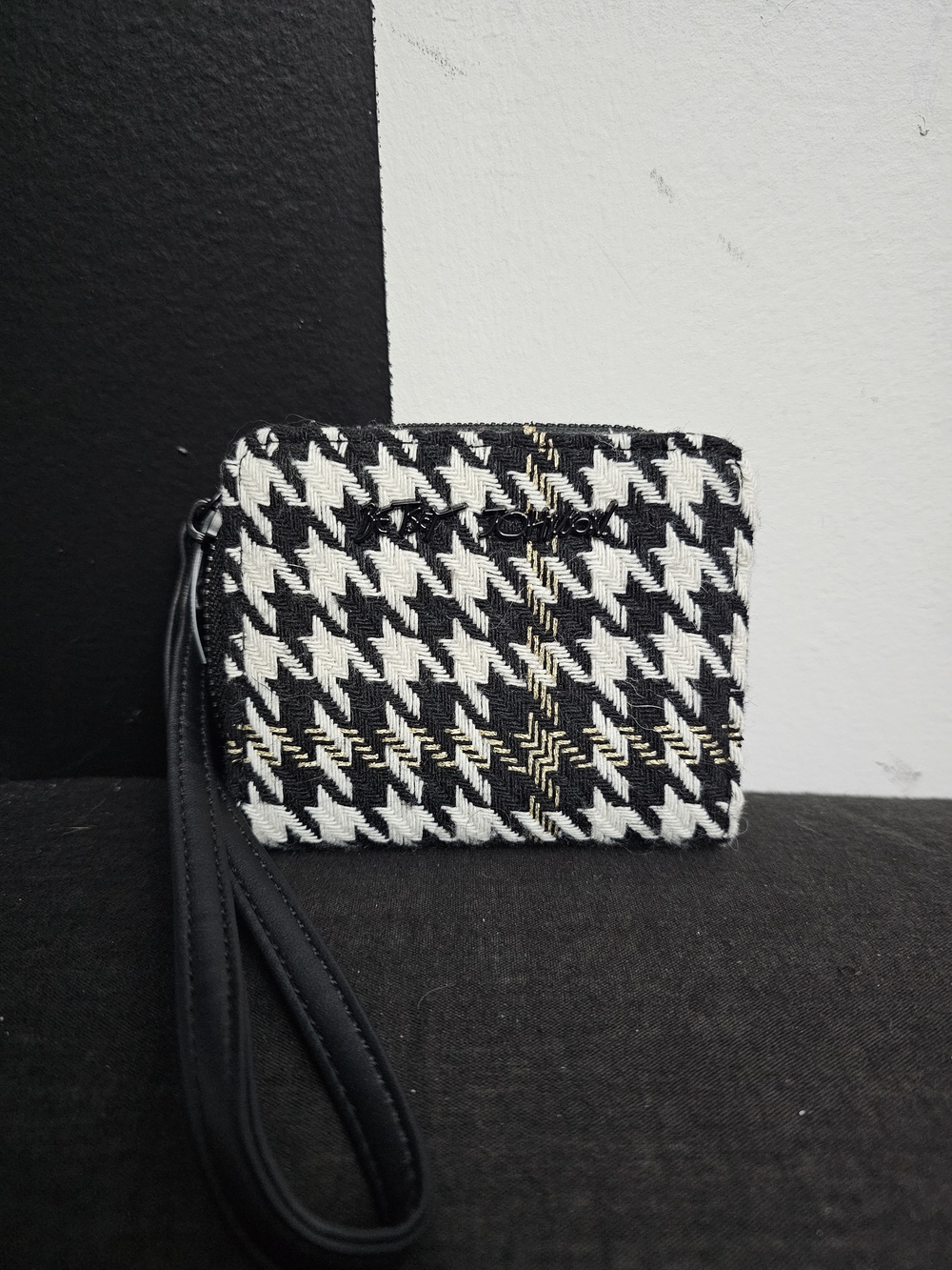 Betsey Johnson Black & White Houndstooth Wristlet with Gold Thread